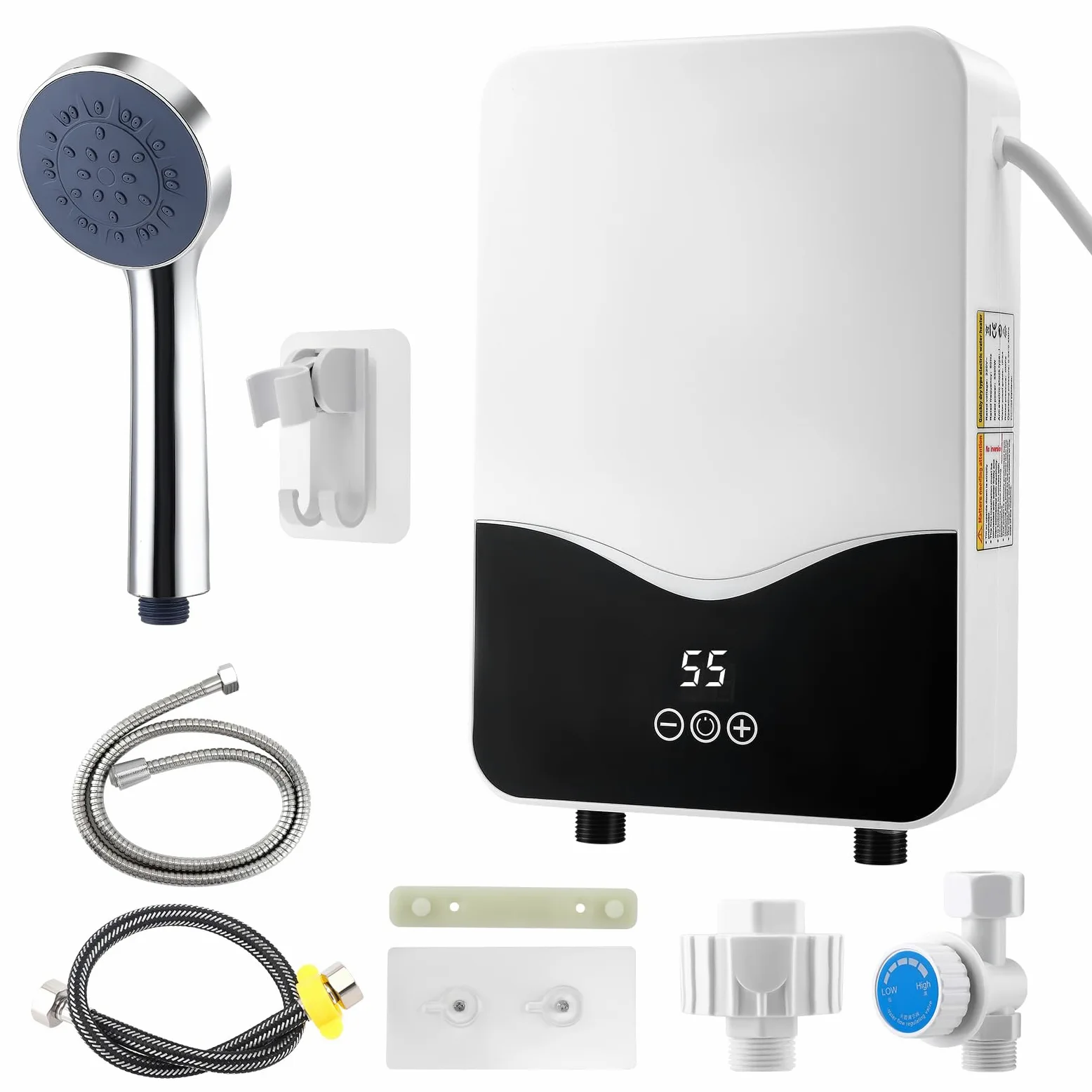 Elektrischer Warmwasserbereiter 5500 W Durchlauferhitzer mit LED-Temperaturanzeige, einstellbar von 30–55 °C IPX4 wasserfest, Wandmontage geeignet für Dusche/Küche (A01)