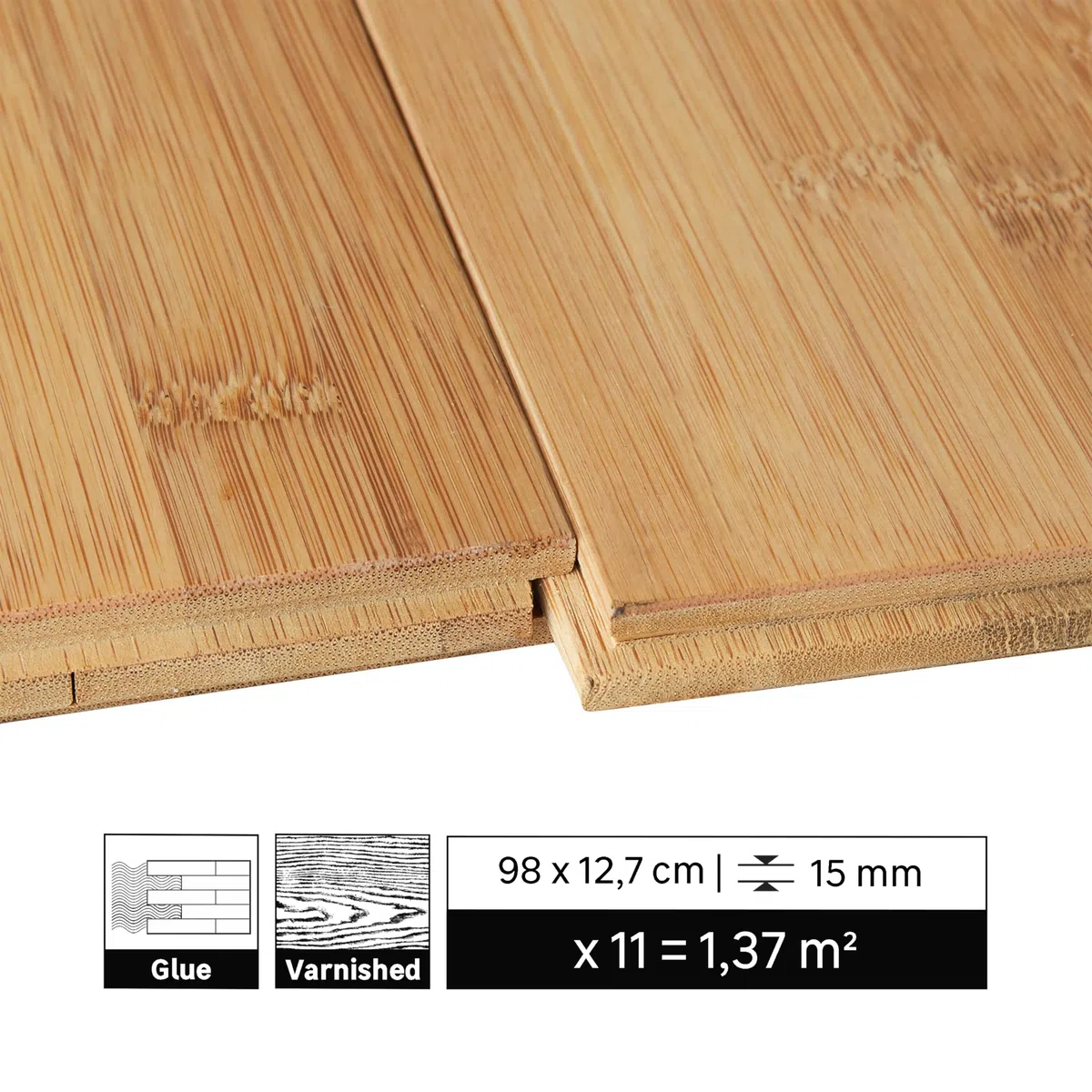 ARTENS - Parkettboden Bali - Versiegeltes massives Bambusparkett zum Kleben - Intenso - Natürliches Holz - Beige - L.98 cm x B.12,7 cm - Dicke 15 mm - 1,37 m²/ 11 Dielen - Belastungsklasse 21