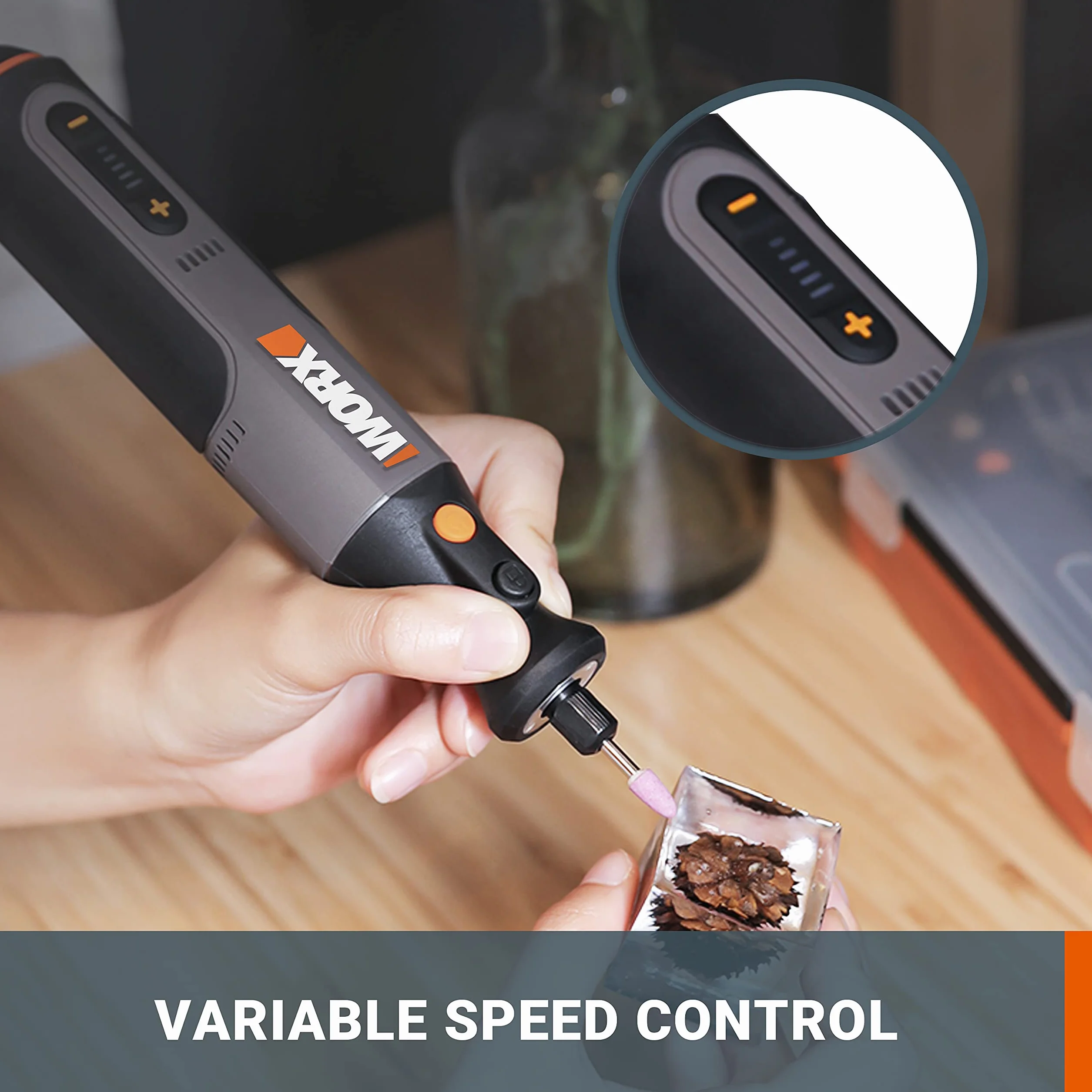 WORX 8V WX106 Multifunktionswerkzeug mit 23 Zubehörteilen, anpassbarer Drehzahleinstellung von 5000 bis 28000 U/min, 3,2 mm Abmessung, USB-Aufladung zum Schleifen, Gravieren, Schneiden, Bohren usw