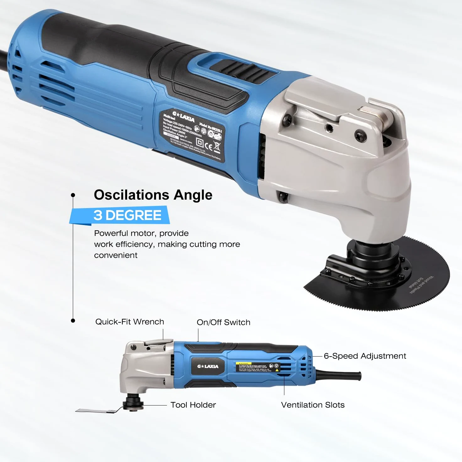 GALAXIA 260W Oszillierendes Multifunktionswerkzeug, 6-stufige Geschwindigkeitskontrolle,15000-22000 RPM Oszillierende Werkzeuge, Für Schleifen, Sägen, Schneiden, Schaben, Inkl. Aufbewahrungstasche