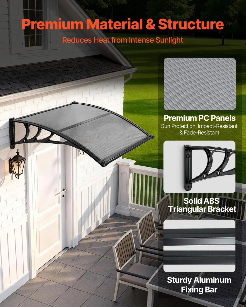 VEVOR Vordach für Haustür, 965x1017 mm, Pultbogenvordach, Überdachung mit Entwässerung & ABS-Halterung, Regen-, Schnee- & Sonnenschutz, Polycarbonat-Türdach für Veranda & Terrasse, Rauchgrau