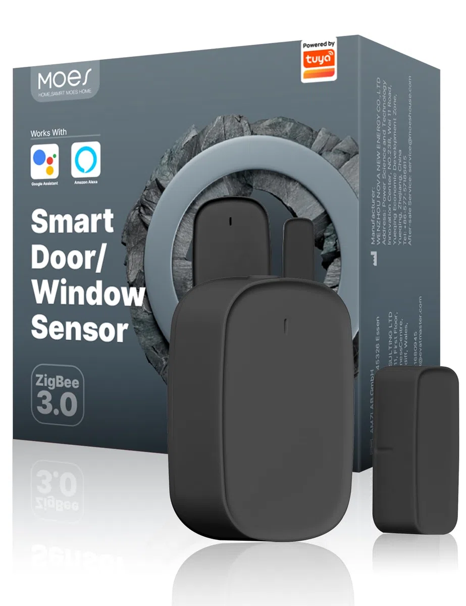 MOES Smart Tür - und Fenstersensor,MOES/Tuya ZigBee Hub erforderlich,Drahtloser Detektor für Alarmanlage, Smart Life/Tuya App,Kompatibel mit Tuya-Geräte, Alexa,und Google Assistant,Schwarz 3P