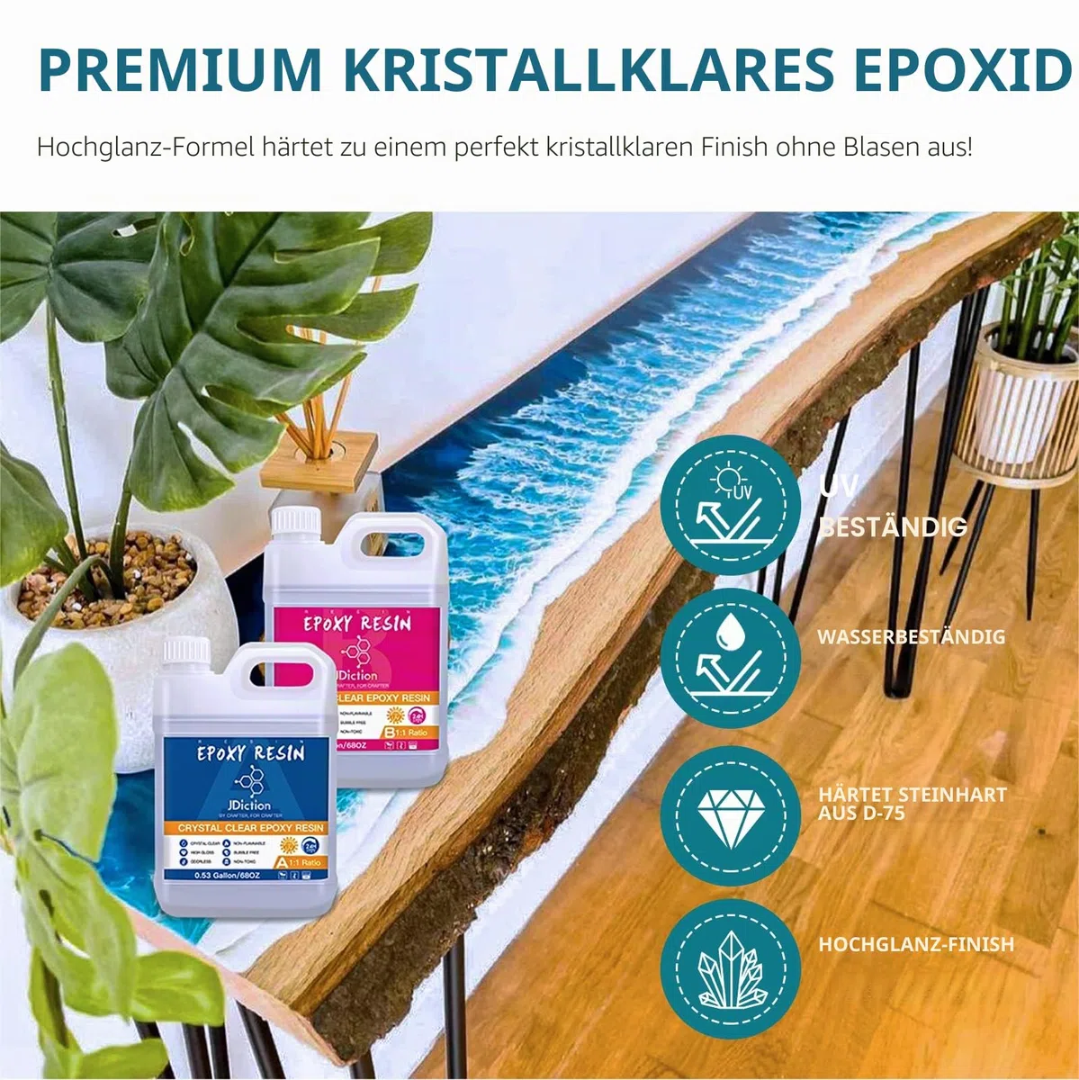 JDiction Epoxidharz Set 4.5L - Glasklar Gießharz Set Ungiftiges Epoxi Harz mit Härter mit Stöcke 1: 1 Verhältnis für Holz Schmuckherstellung Handwerk Kunst Heimwerken, Lebensmittelsicheres