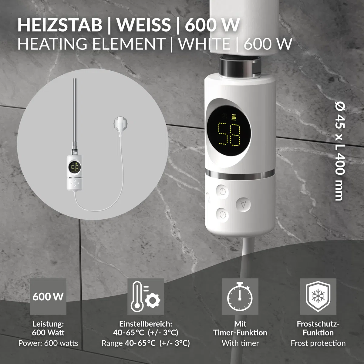 LuxeBath Heizstab 600W Weiß mit Thermostat und Digitalanzeige, Elektronischer Temperaturregler und Timer-Funktion, Heizpatrone Heizelemente für Badheizkörper Heizungen, Elektroheizstab mit Stecker