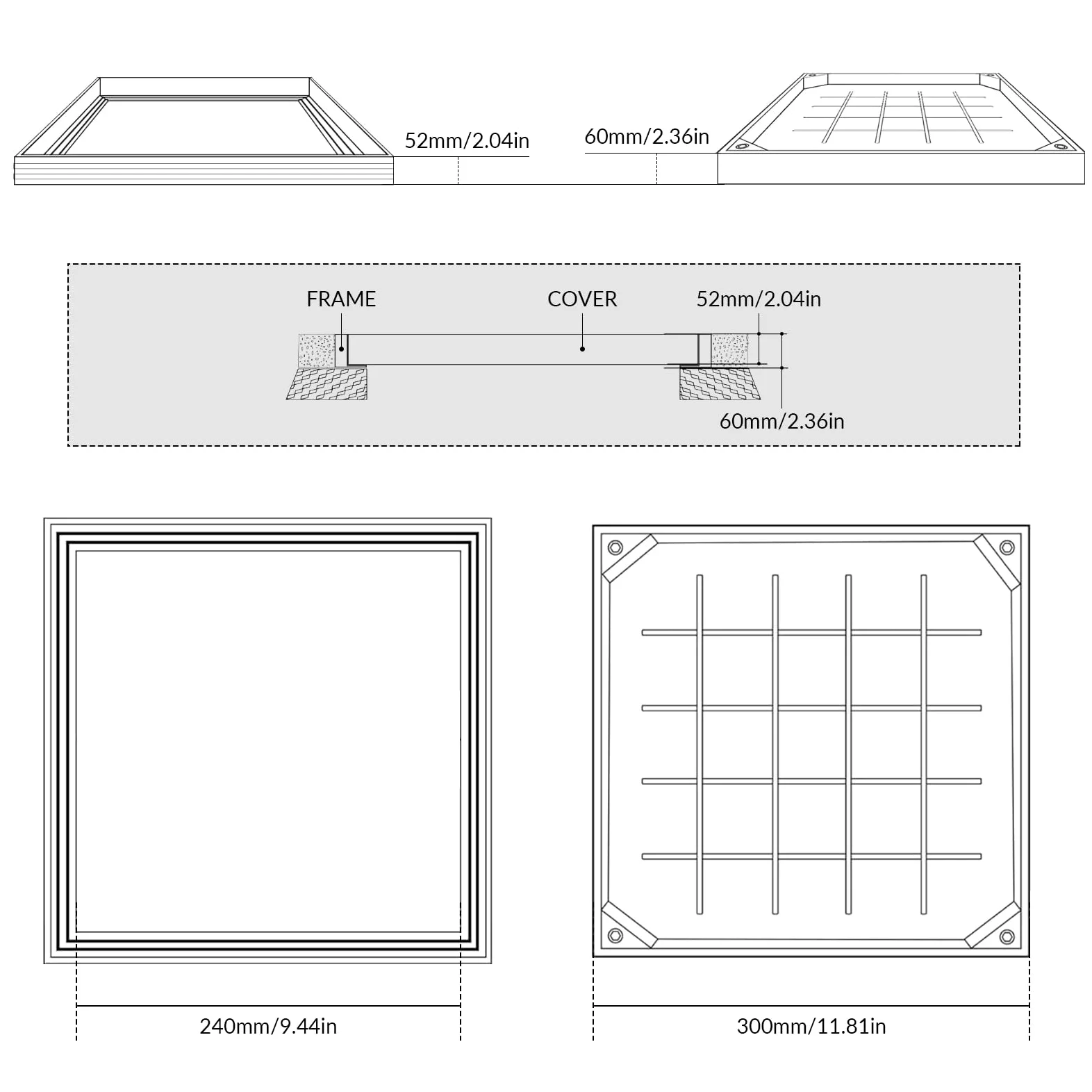 LIROPAU Schachtabdeckung 300x300mm Aluminium Versenkte Schachtdeckel, Eingebettete Schachtabdeckung und Rahmen für Innen- und Außen Szenen, Höhe 60mm