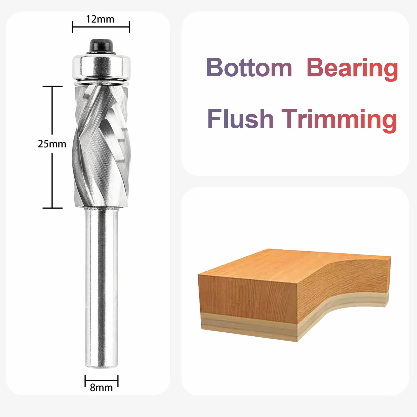 SpeTool Spiral Bündigfräser 8mm Schaft Kompressions Cut Fräser für Oberfräse 12mm Schnittdurchmesser 25mm Schnittlänge Kopierfräser mit Anlaufring Oben VHM zum Holzbearbeitung Zurechtschneiden