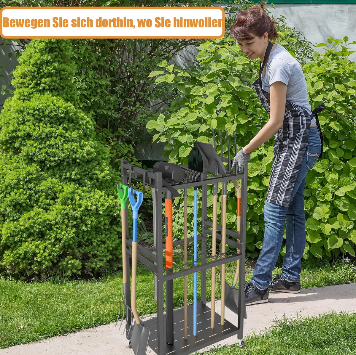Gartenwerkzeug Organizer mit 4 Haken, Metall Gartengerätehalter für Besen Mop Rechen Schaufel, Gartenwerkzeug aufbewahrung für Garten und Garage Garagen, garten organizer (schwarze, 42x30x80 cm)