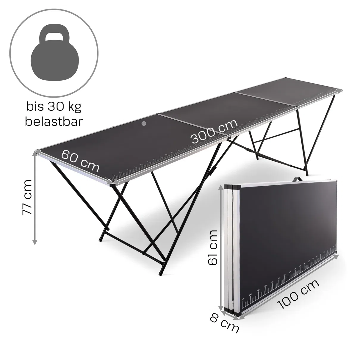Raburg Tapeziertisch, einteilig, Alu Multifunktionstisch, Arbeitstisch klappbar, 300x60x77, bis 30 kg belastbar, Zentimeter-Skala 290 cm, Heimwerken Flohmarkt Tapezieren Hobby Renovieren, Stan