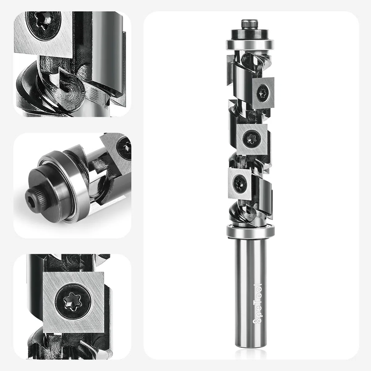 SpeTool Bündigfräser Wendeplatten Fräser 12mm Schaft VHM Spiralfräser Kopierfräser für Oberfräse 19mm Schnittdurchmesser Bündigfräser Kugellager Oben und Unten mit 7 Hartmetalleinsätze