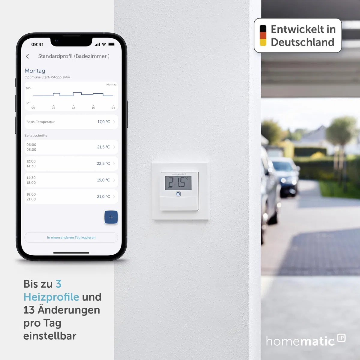 Homematic IP Temperatur- und Luftfeuchtigkeitssensor mit Display – innen, Smart Home, steuert Heizkörper/Fußbodenheizung per App, Alexa, Google Home, Temperaturmessung, Energie sparen, 150180A0