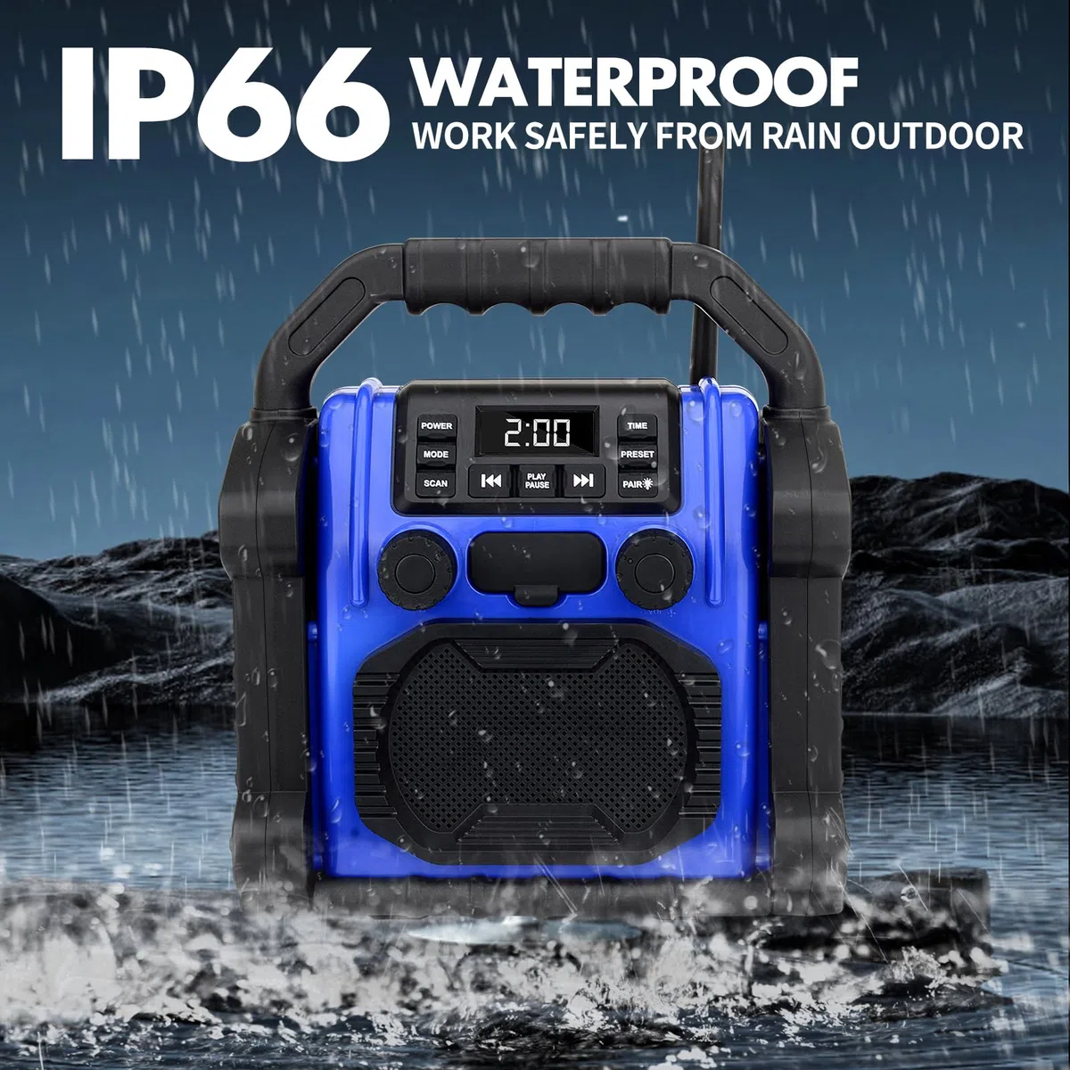 Baustelleradio Outdoor Lautsprecher Bluetooth Wireless, 30W IPX 66 wasserdicht FM-Uhr-Radio, tragbar mit LED-Lichtern, Kollisionsschutzradios für Outdoor/Arbeit/Garage (P250)