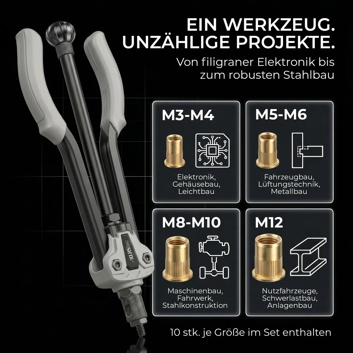 KLRStec Professional Nietmutternzangen Set [M3–M12] Halbautomatische Nietmutternzange für schnelleres arbeiten inkl. 70 Nietmuttern, Stufenbohrer & Werkzeugkoffer – Profi Nietenzange Set