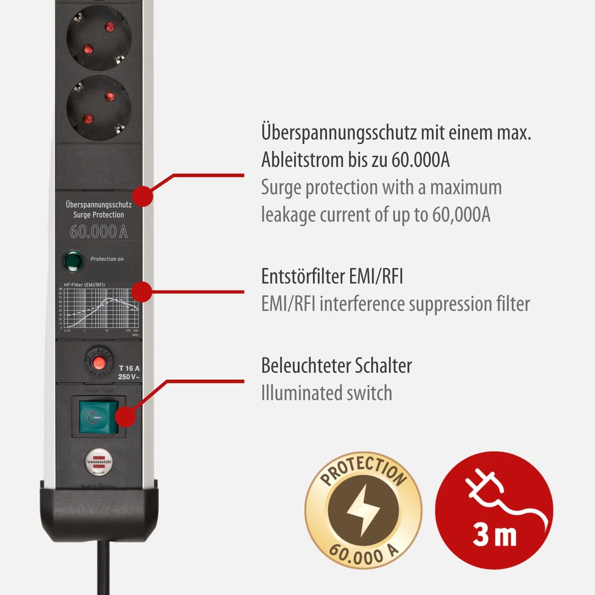Brennenstuhl Premium-Protect-Line Steckdosenleiste 8-Fach mit Überspannungsschutz 60.000A (Mehrfachsteckdose mit Schalter und 3m Kabel, Made in Germany) Silber/schwarz