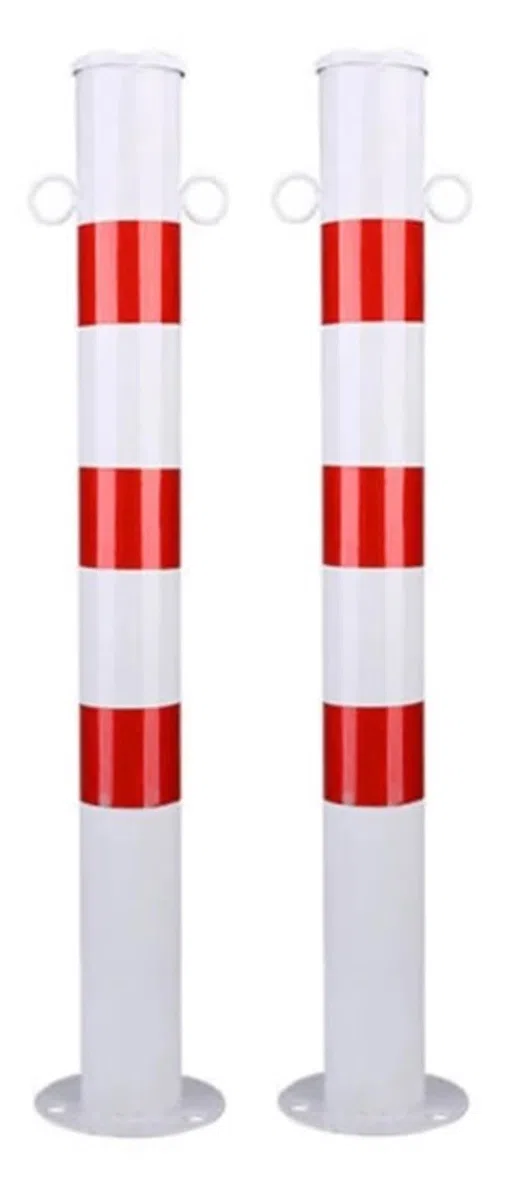 Absperrpfosten Metall Rot-Weiß Ø76mm H750mm 2 Ösen zum Stahl Robust Standfuß Stabil Park Poller Set Mit Befestigungsschrauben (2 Stück)