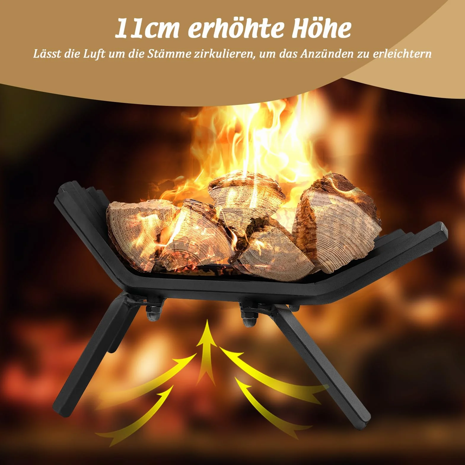 GOPLUS Kaminholzrost 46 cm, robuster Feuerrost aus Schmiedeeisen, Brennholzhalter mit 7 Metall Stangen, Feuerbock mit Füßen, bis 50kg belastbar, für Innen & Außen