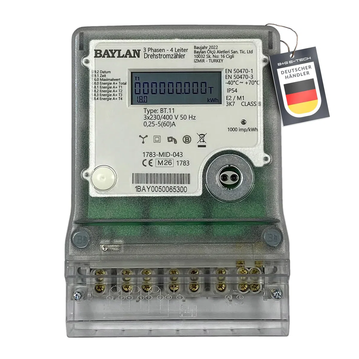 B+G E-Tech [BT.11 - MID 26] Drehstromzähler für Zählerplatzmontage - MID zertifiziert, Direktmessung bis 60A, Einzeltarifzähler mit interner Uhr, IR & RS485 Schnittstelle