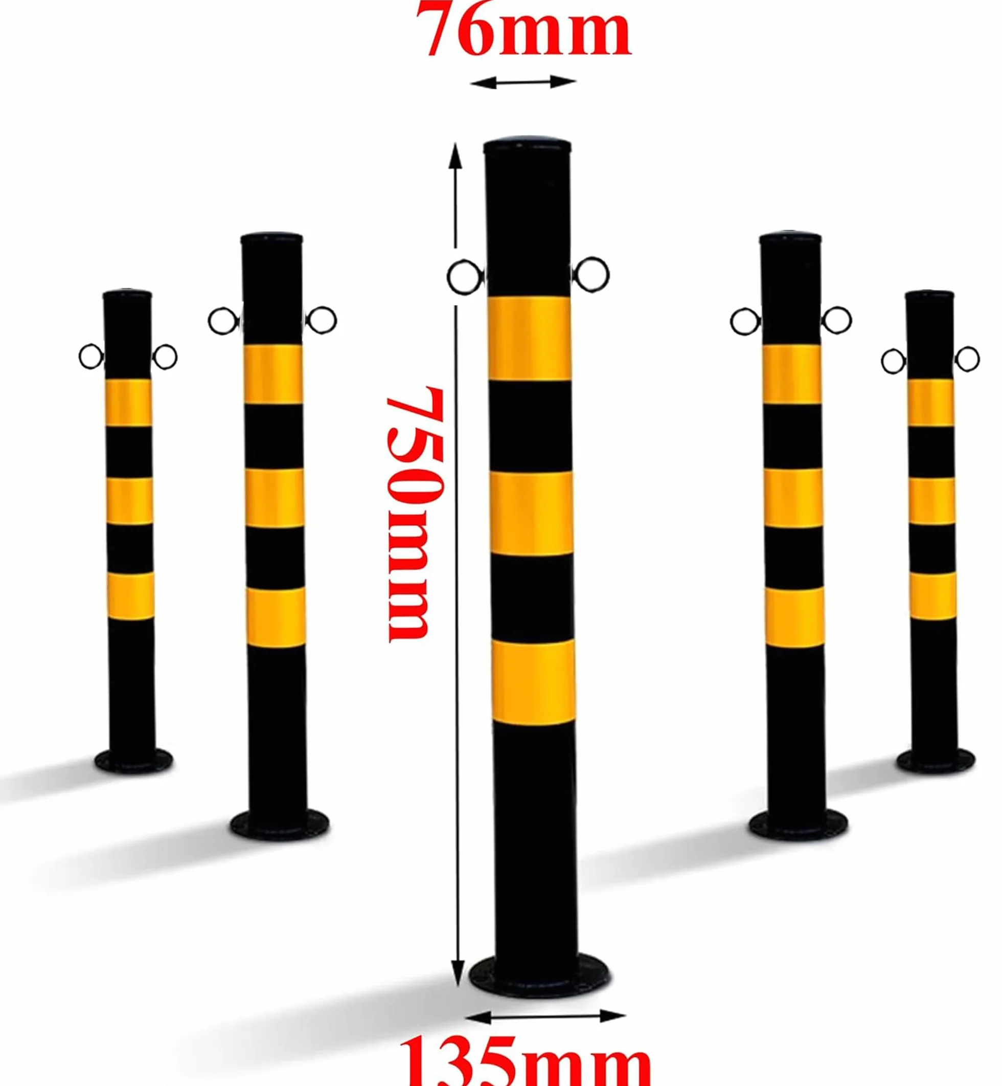 Absperrpfosten Metall Rot-Weiß Ø76mm H750mm 2 Ösen zum Stahl Robust Standfuß Stabil Park Poller Set Mit Befestigungsschrauben (2 Stück)