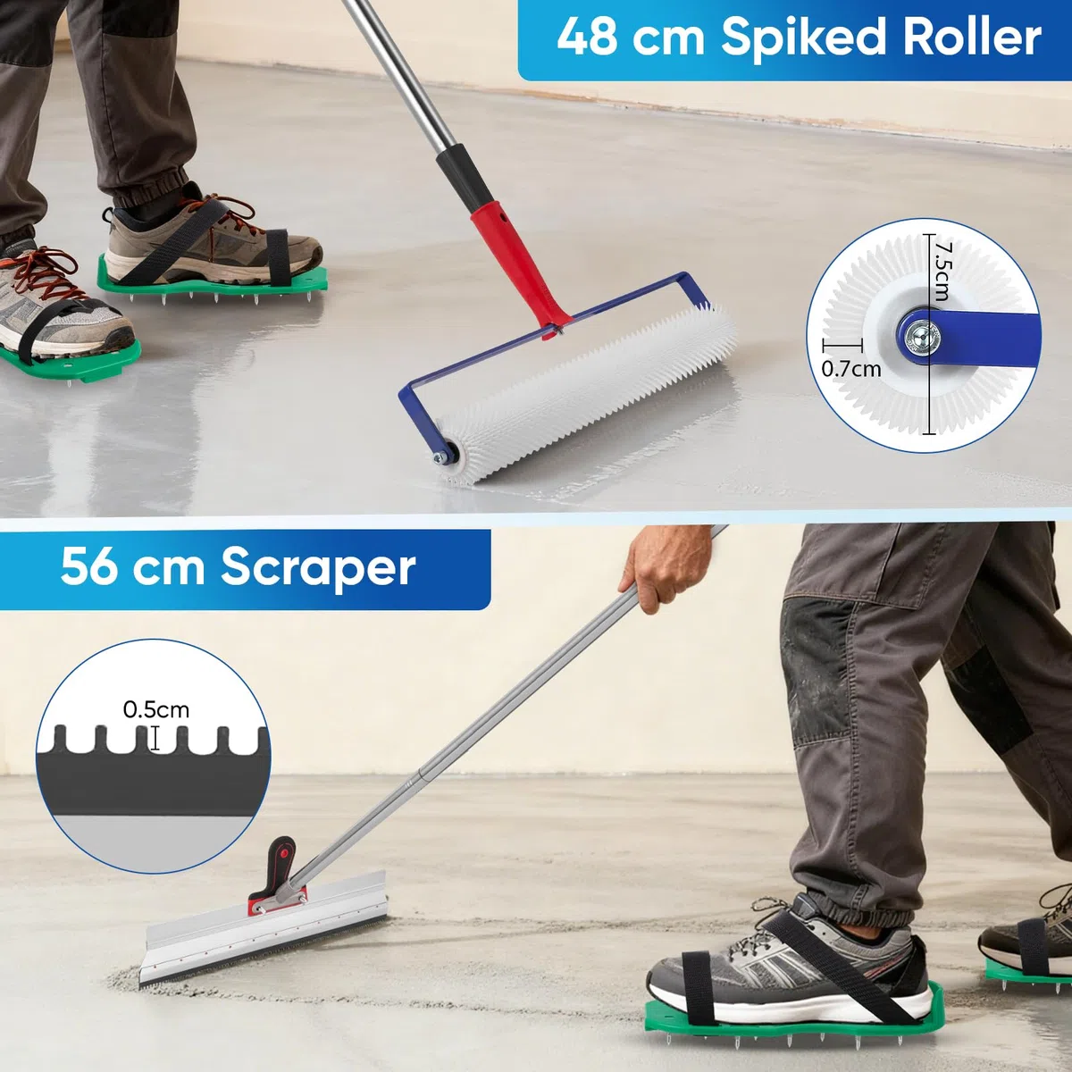 Bodenbeschichtung Set, Entlüftungswalze mit Abnehmbarem 2M Langem Verlängerungsgriff, Gezackter Rakel und Stachelschuhen, Großflächige Rakel Für DIY-Projekte Selbstnivellierende Böden