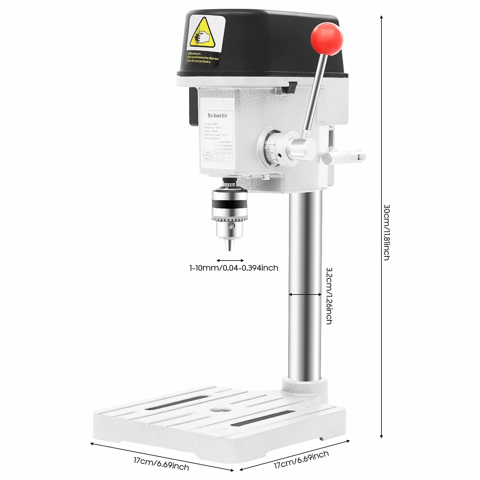 340W Tischbohrmaschine Mini Bohrmaschine Kabelgebunden, Tischbohrer mit 3 Stufiger Geschwindigkeit Einstellbar, Für Holz Metall Kunststoff Bearbeitung