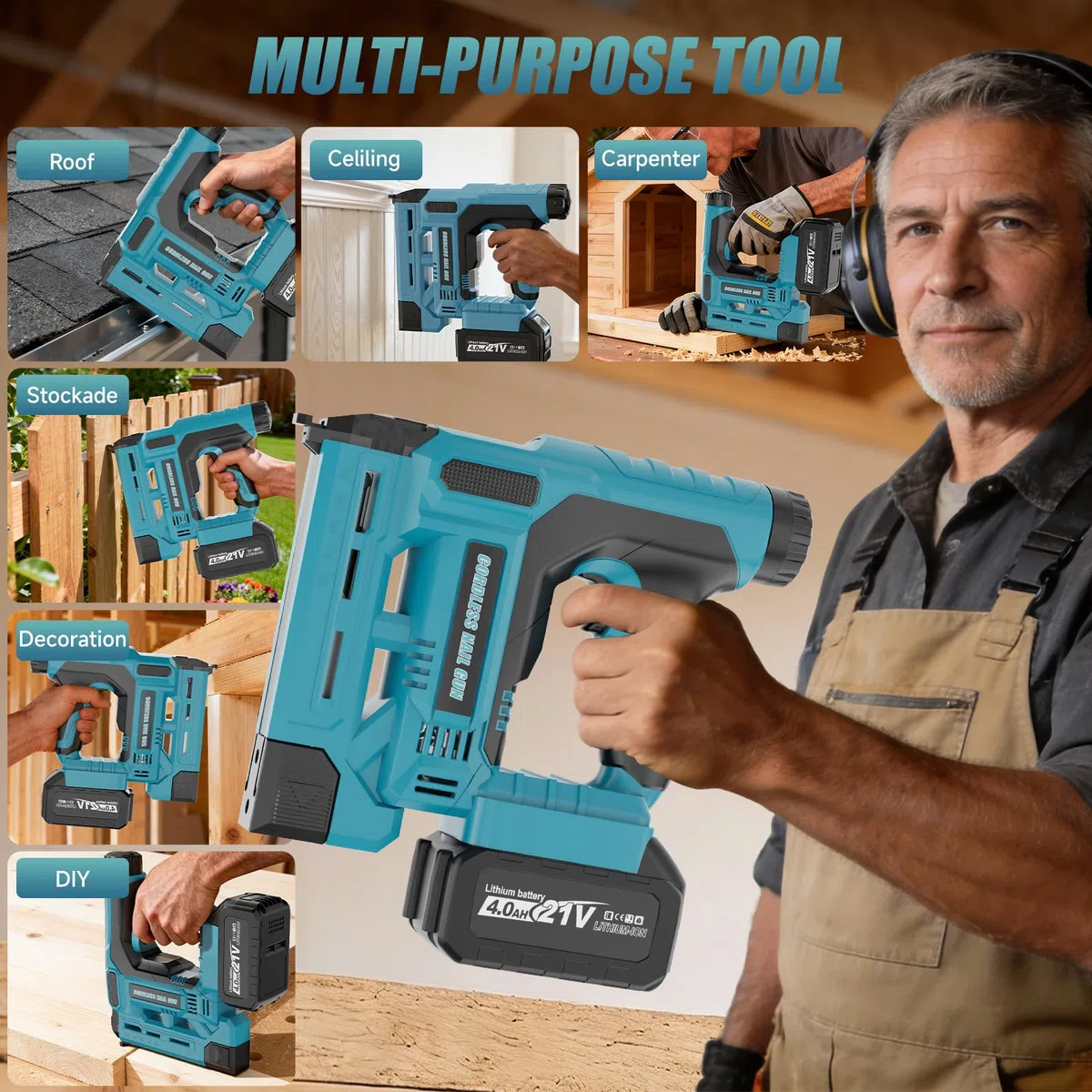 Akku Tacker Kompatibel mit Makita 18V, 18GA 2-in-1 Nagelpistole Akku Nagler, Einstellbare Tiefe, enthält 1 x 4.0Ah Akkus, 1000 Nägel und 1000 Tackerklammer für Holz, DIY und Heimwerker
