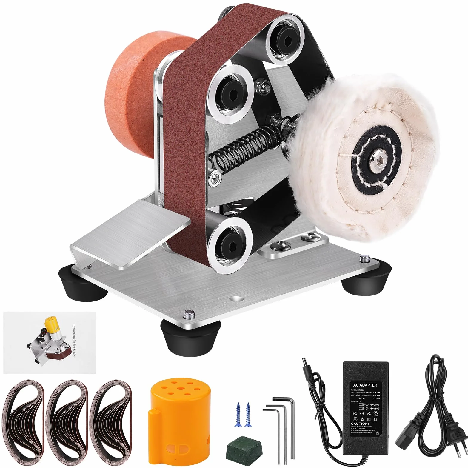 VOBOR Mini Elektrischer Bandschleifer, 7-Stufig Einstellbare Messerschleifer Stationaer mit Schleifbänder Geliefert, Schleifscheibe und Polierscheibe, für Metall Holz DIY Handwerk, & Messerschärfen