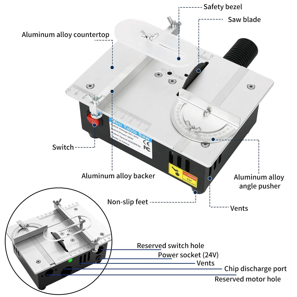 Mini Tischkreissäge, 96W 5000 rpm Mini Multifunktions Tischsäge mit Kreissägeblatt, 7 Gang Netzteil Einstellbarer, Schnitthöhe 0-15mm Elektrische Tischsägen für DIY Schneiden Modellieren