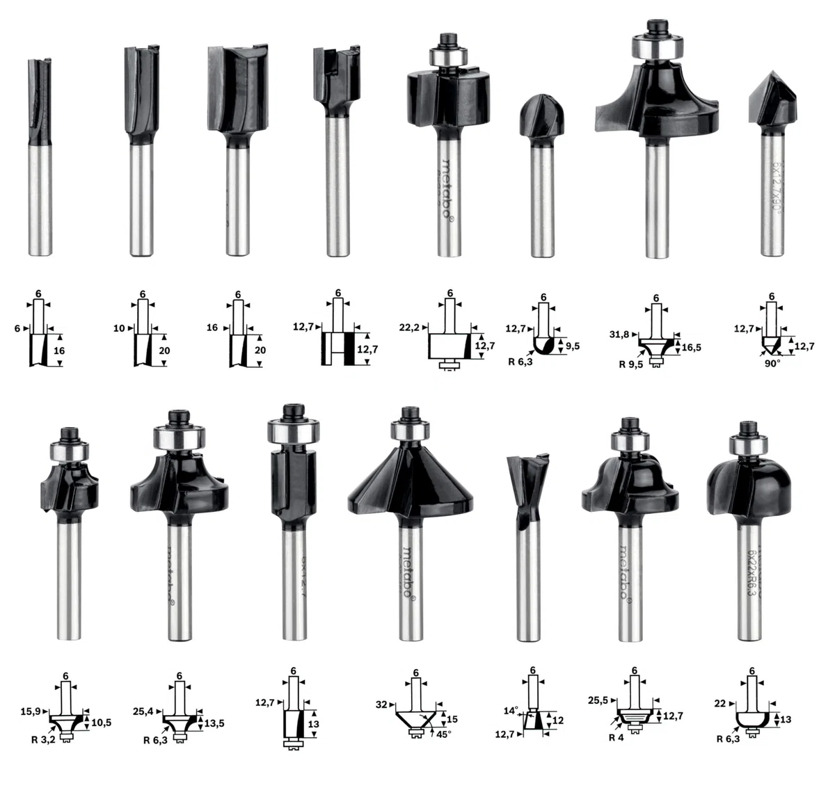 metabo Fräsersortiment SP 15-teilig, 6 mm Schaft Fräser-Set für Holz | Nut-, Fase-, Profil- & Bündigfräser für Oberfräsen, präzise Kantenbearbeitung, inklusive Zinkenfräser & Scharniernutfräser