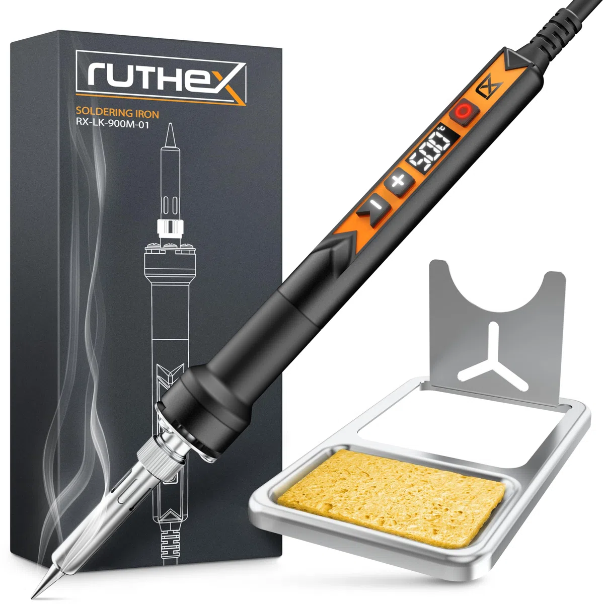 ruthex 900M Lötkolben mit LED-Display - 90W - Temperatur Einstellbar 150~500 ℃ - Abkühlphase mit LED Temperaturanzeige - Lötpistole mit 900M Lötspitze inklusive Ablageständer