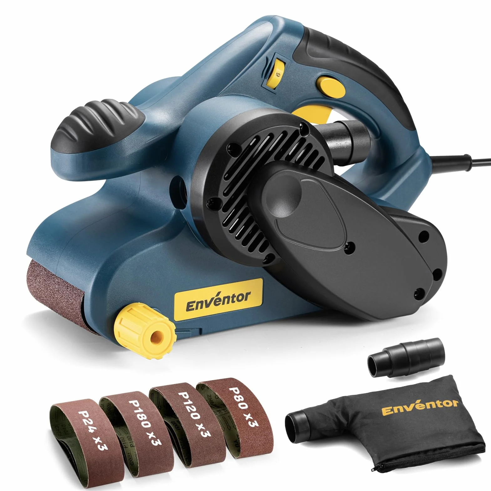 Enventor 950W Bandschleifer, 6 Geschwindigkeitsstufen (120–380 m/min), 2-in-1 Tischschleifer mit Staubbeutel und 12 Schleifbändern (P80, P120, P180,P240), 76 x 533 mm