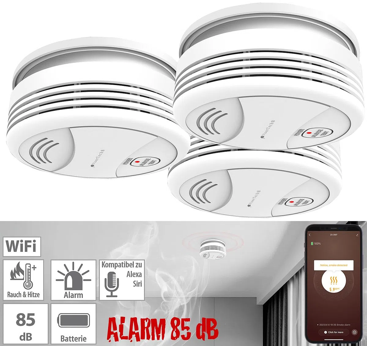 VisorTech Rauchmelder mit App: 3er-Set WLAN-Rauchwarnmelder, weltweite App-Benachrichtigung, 85 dB (Brandmelder WLAN, Rauchmelder mit Alexa, Home)