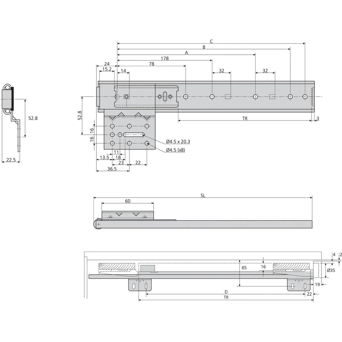 ACCURIDE 1319 Beschlägegrt., Länge 500 mm, Stahl hell chromatiert