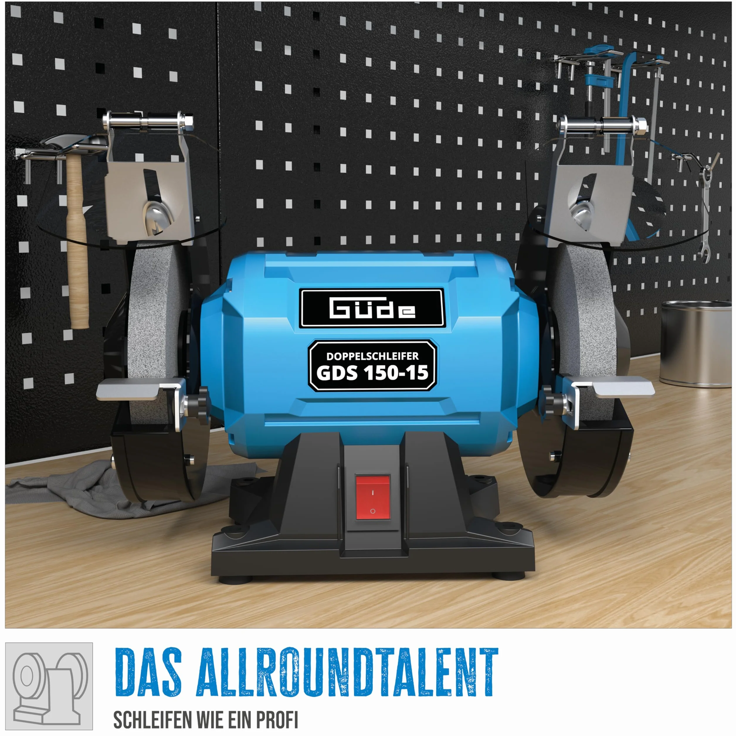 Güde Doppelschleifer GDS 150-15 (250 W, 2980 1/min Motordrehzahl, Grob- & Feinschleifscheibe 36|60 K, 150 mm ø, stabiler Maschinenfuß, kugelgelagerte Schleifachsen, verstellbare Arbeitsauflagen), Blau