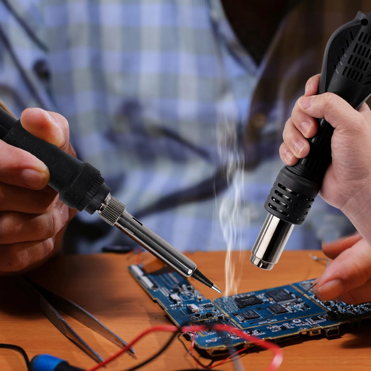 Profi Lötstation, 2 in 1 Heißluft Lötstation Lötkolben Set 8586D, Einstellbare Temperatur 180℃-500℃ mit 3 Luftdüsen für Elektrische Arbeiten Elektronische Reparatur