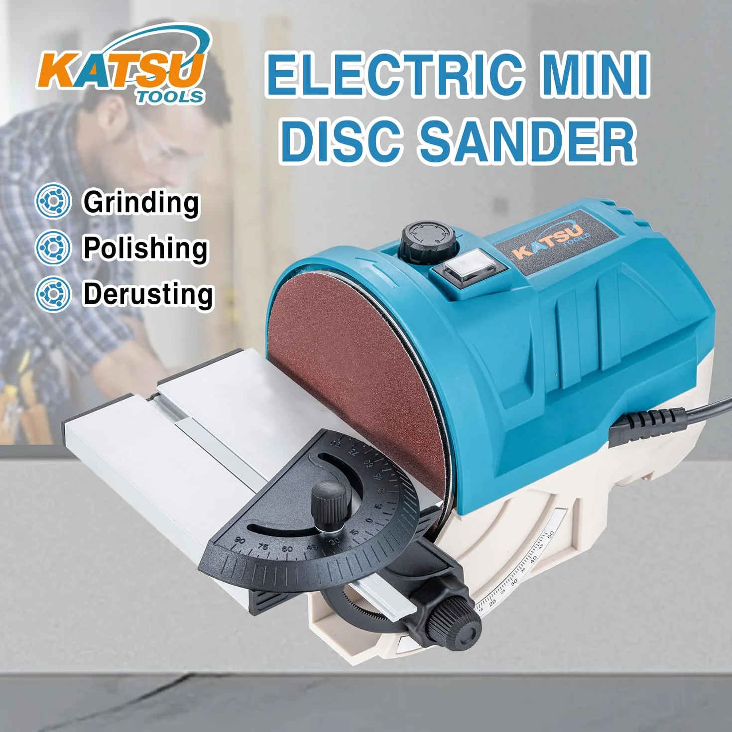 KATSU Tools Mini-Tellerschleifer 140 W 125 mm – Elektro-Schleif/Poliermaschine Holz, einstellbare Geschwindigkeit, Alu-Schwenktisch, Schleifscheiben