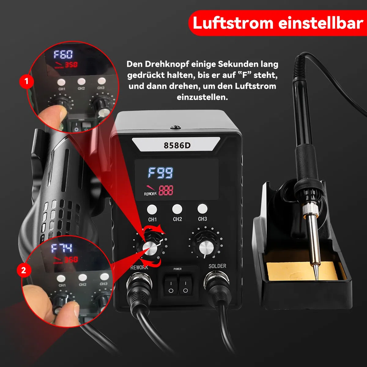 Profi Lötstation, 2 in 1 Heißluft Lötstation Lötkolben Set 8586D, Einstellbare Temperatur 180℃-500℃ mit 3 Luftdüsen für Elektrische Arbeiten Elektronische Reparatur