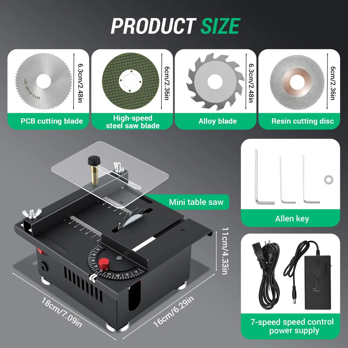 Mini Tischkreissäge mit 4 Klingen, 100W Mini Tischsäge mit 7-Gang-Netzteil Einstellbarer, 0,1-16mm Sägeblatt Höhenverstellbarer, Multifunktionale Tragbare Präzisions Kreissäge für Handwerk