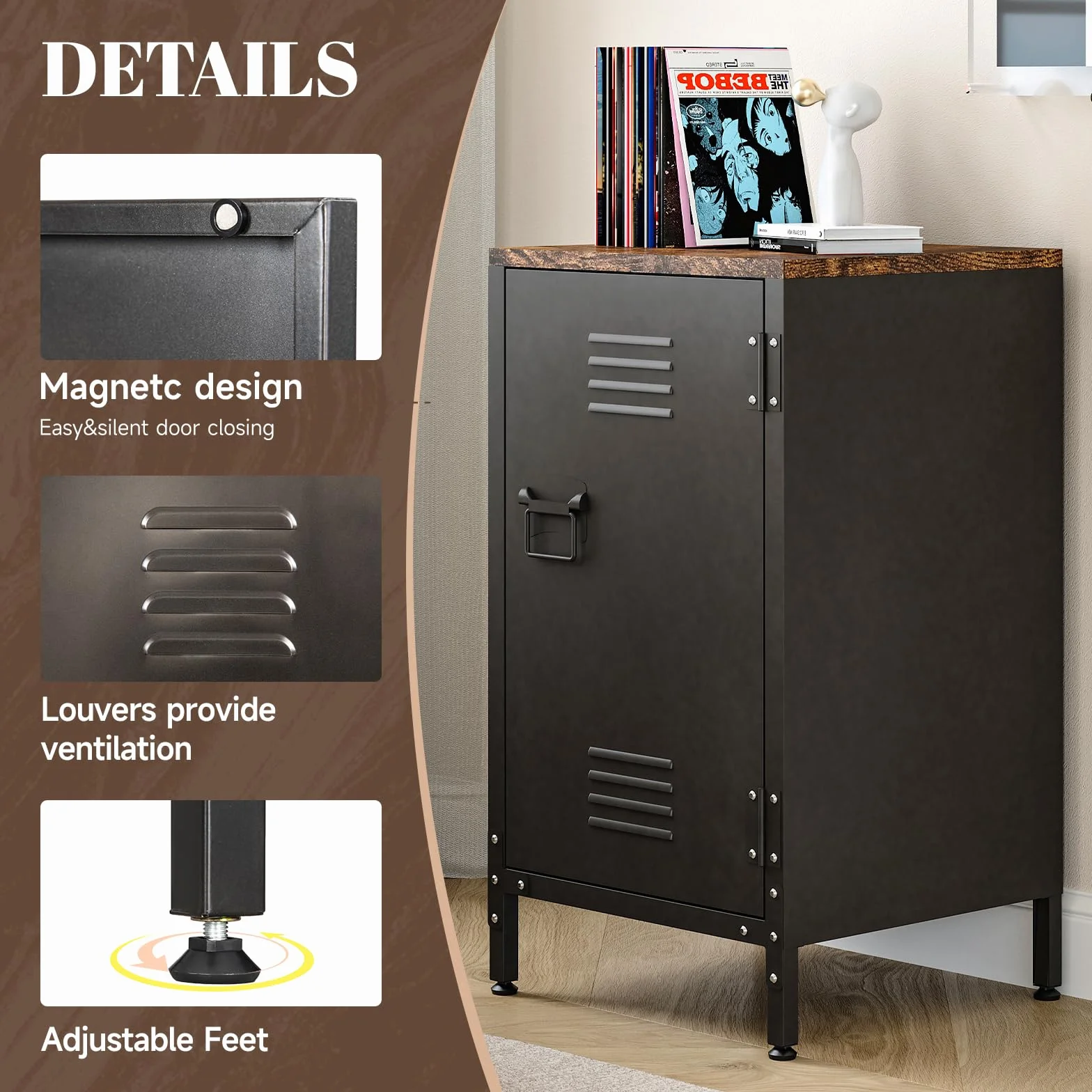 Sightlife Metallschrank Beistellschrank Sideboard Nachttisch Nachtschrank Kommode Schrank im Vintage-Stil verstellbar Einlegeboden Schränkchen für Wohnzimmer Schlafzimmer Metall (43B x 40T x 76H cm)