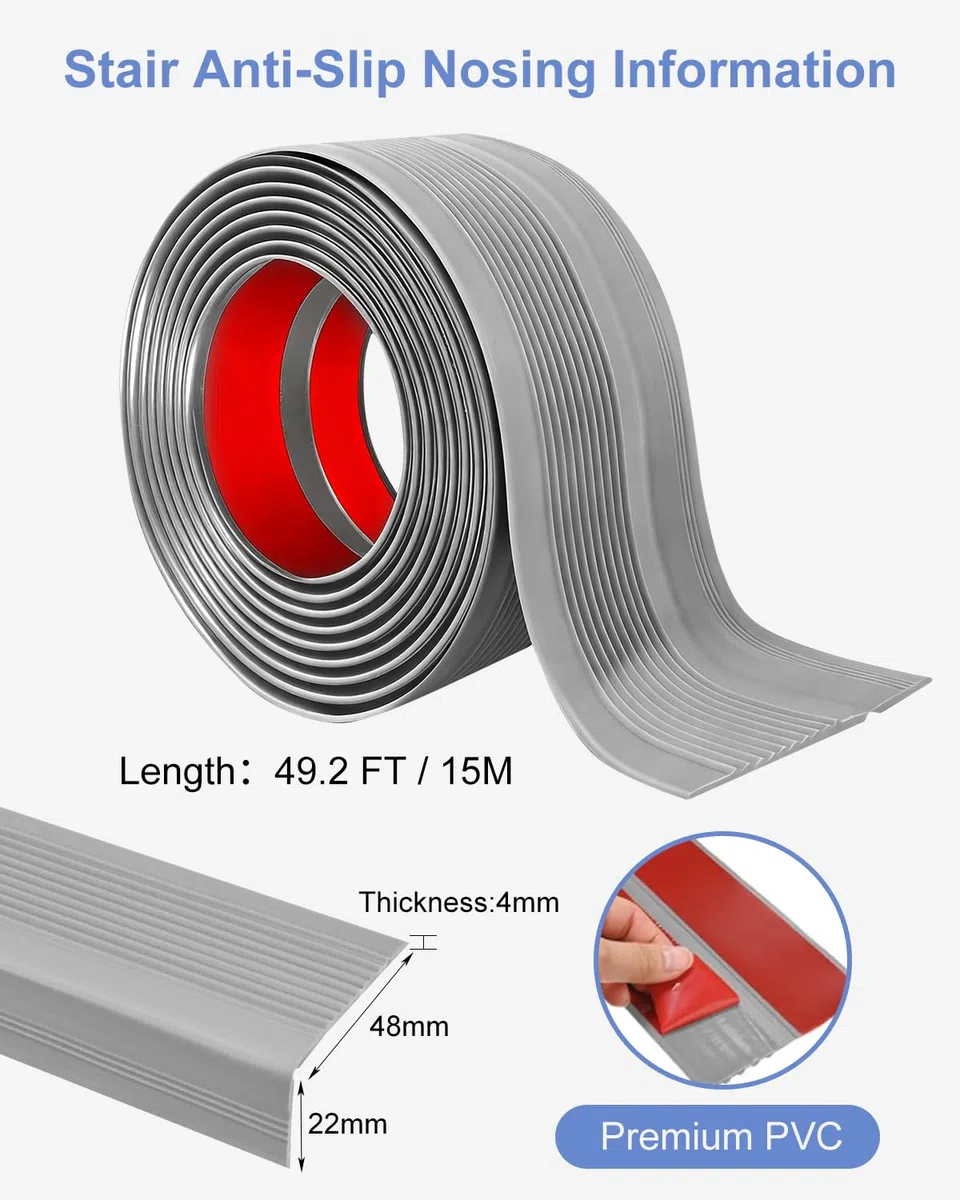 15 Meter Rutschfeste Treppenkante, Selbstklebend PVC Treppenkanten-Schutzprofil, Flexible PVC-Gummistufen-Kantenleiste, für Außen- und Innenbereich (15M/48mm+22mm, Grau)
