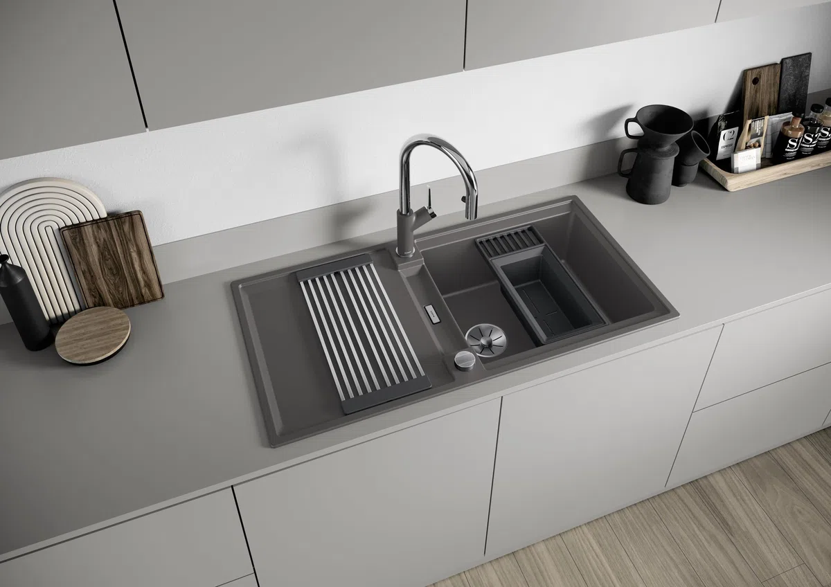 BLANCO Sink Drainer 2-in-1 | Kunststoff schwarzgrau | Multifunktionale Rahmen- und Resteschalenkombination mit integrierter Abtropffläche | bei allen Silgranit Spülen (40cm Tiefe) | [18x39,5x10,3 cm]