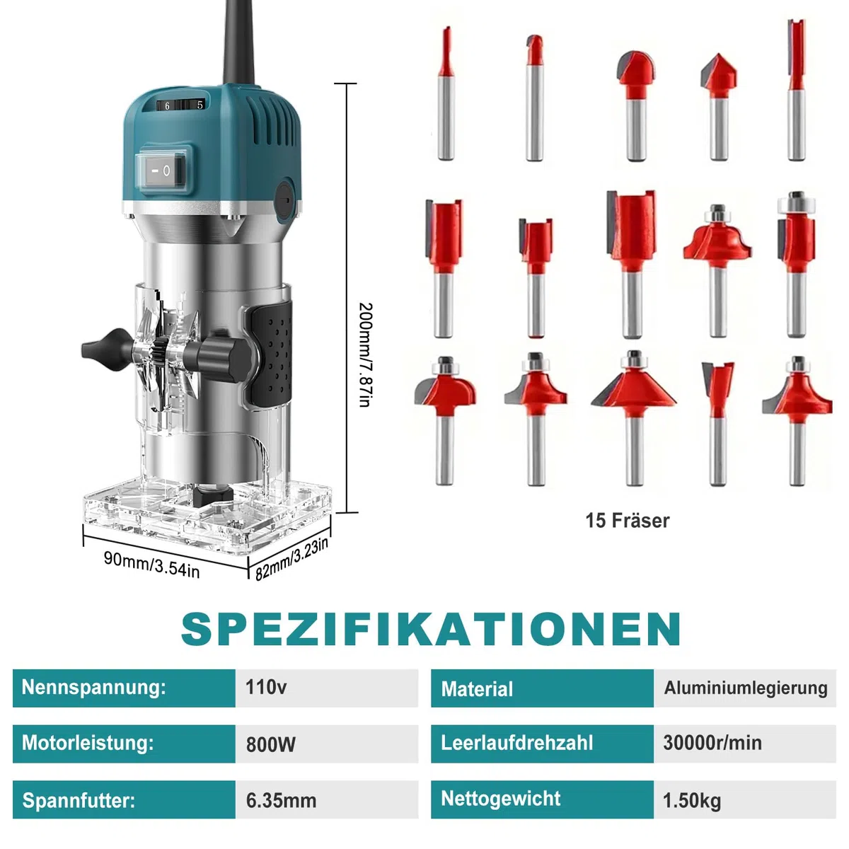 Holzfräse Oberfräse,800W 28000rpm Einhandfräse Kantenfräse Oberfräse Trimmer,6 Geschwindigkeit Electric Holz Fräse Tragbarer Handfräse Handpalmenfräser mit 15 Stück Fräser Für Holzbearbeitung