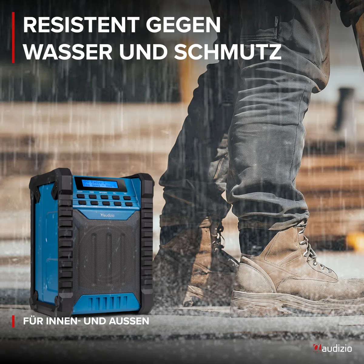 Audizio Jobsite - Baustellenradio DAB Plus Radio mit Bluetooth 5.0, Akku 8h, 100 Watt Leistung, IP54 Wasserdicht, FM, Tragegriff, DAB+, Werkstattradio mit AUX & USB, Outdoor Radio