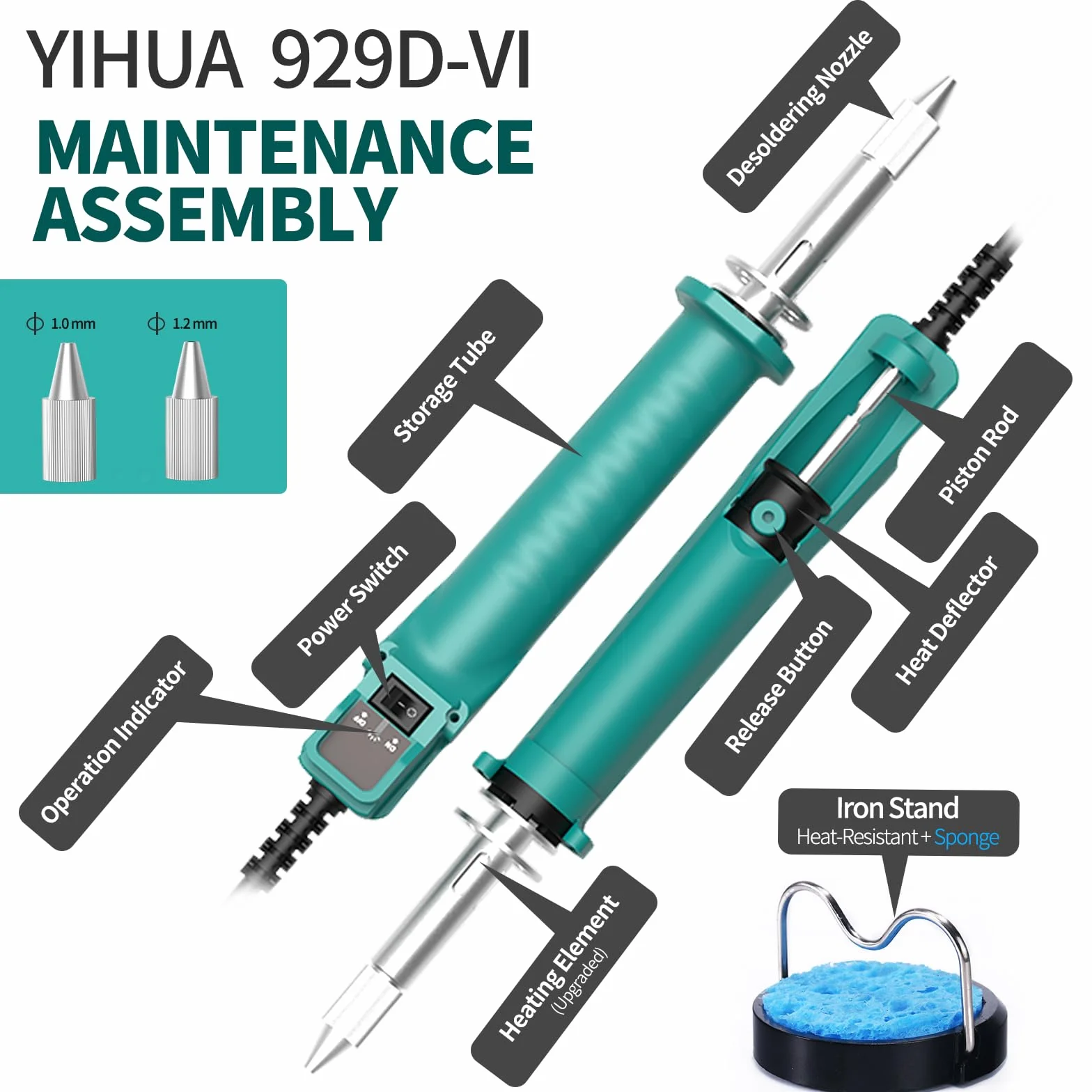 YIHUA 929D-VI Temperaturgeregelter Elektrischer Entlötkolben mit Verbesserter Leistung, Beheizter Entlötpumpe, 3 Düsen und Lötpumpenfunktion(EU Plug)