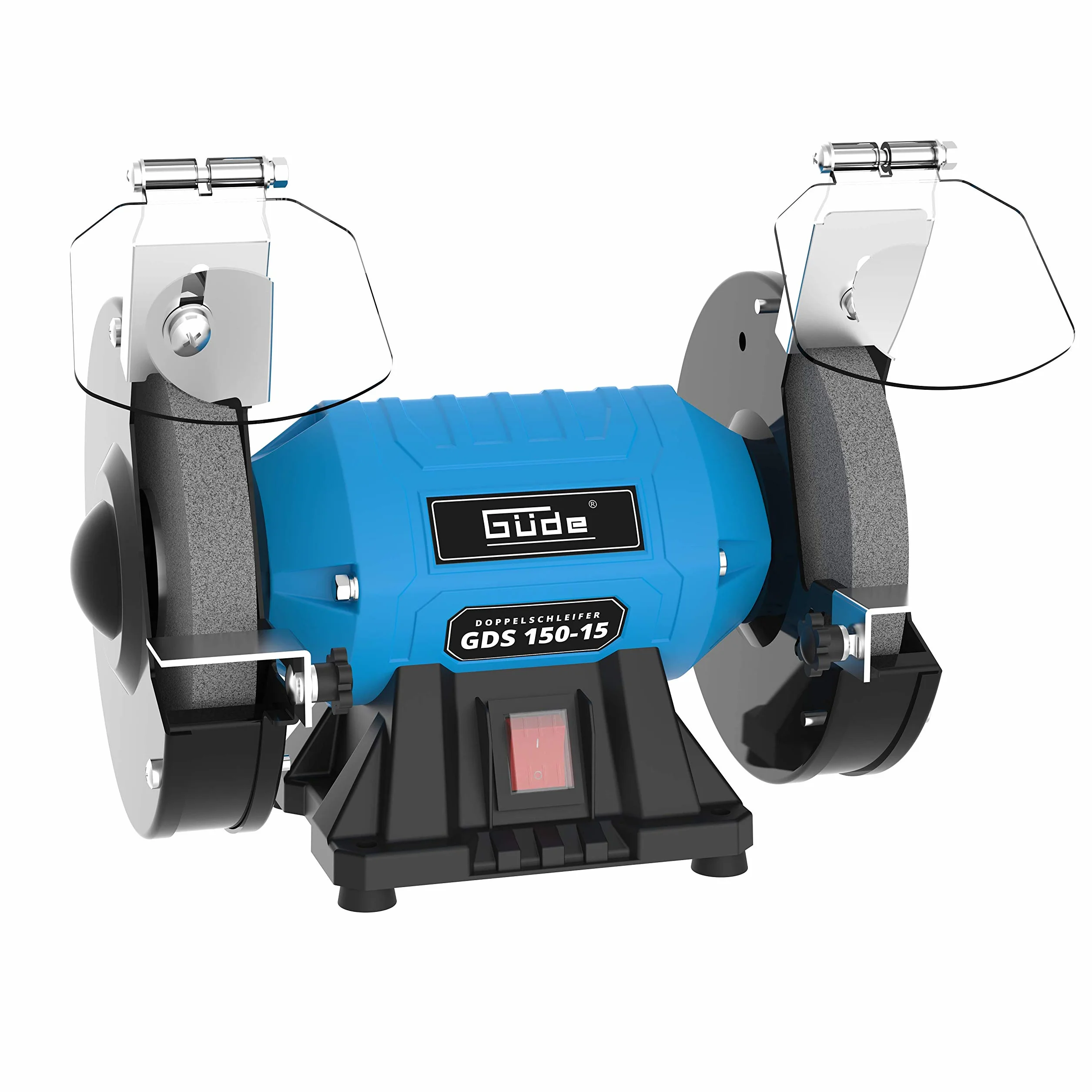Güde Doppelschleifer GDS 150-15 (250 W, 2980 1/min Motordrehzahl, Grob- & Feinschleifscheibe 36|60 K, 150 mm ø, stabiler Maschinenfuß, kugelgelagerte Schleifachsen, verstellbare Arbeitsauflagen), Blau