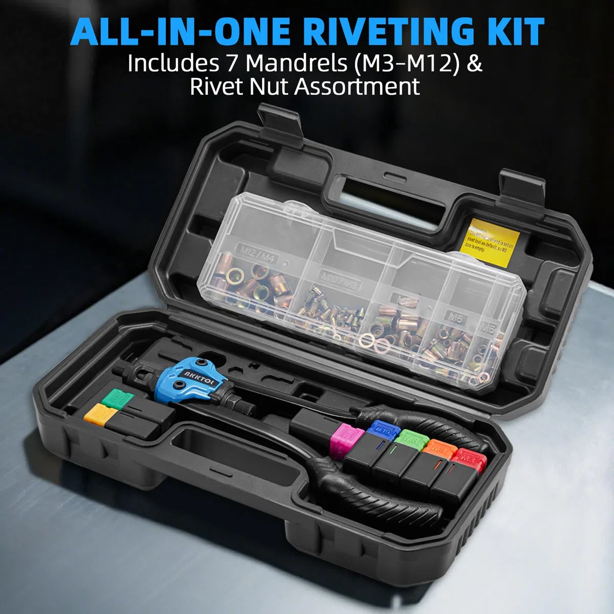 AKKTOL Nietmutternzange Set inkl. 80 Nietmuttern M3-M12, Dorne, Box & Schutzgehäuse - Robuste Gewindenieten Zange Set für Autoreparatur & Metallbearbeitung