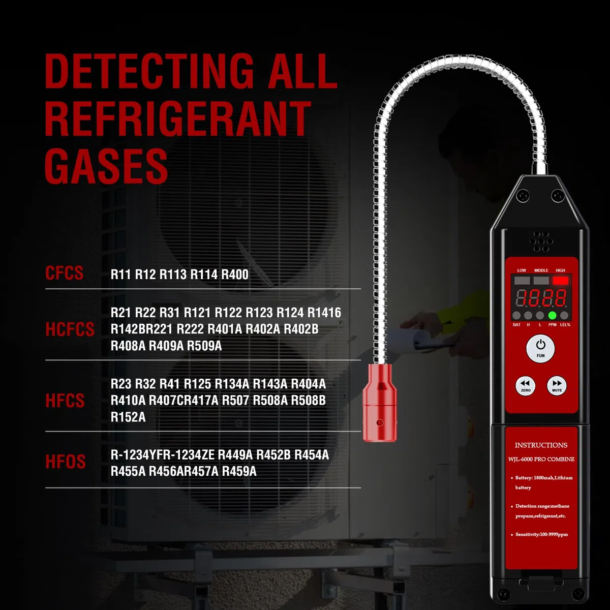 Aprvtio Kältemittel Lecksuchgerät, Refrigerant Gas Leck Detektor, HVAC-Lecksucher, Freon-Sniffer, tragbarer Gastester mit LED-Bildschirmalarm Freon-Lecksucher Hochsensibilität R134a R22a R32 R454B (1)