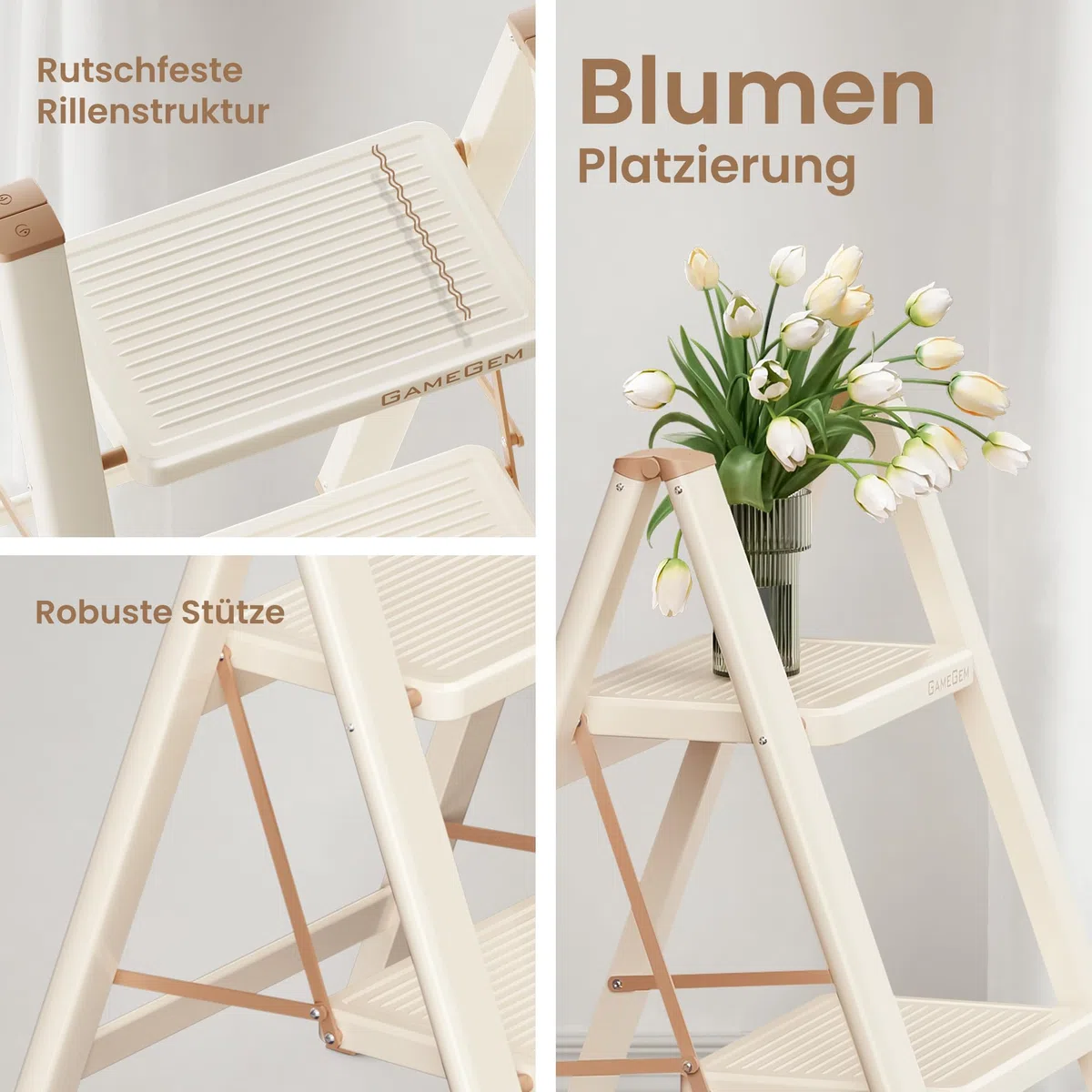 Trittleiter 2 Stufen klappbar, 2 Stufen Leiter für Erwachsene, Faltbare Trittleiter mit sicherem Stand, verbreitertem Pedal, ästhetisch ansprechendes Aussehen, Wohnräume