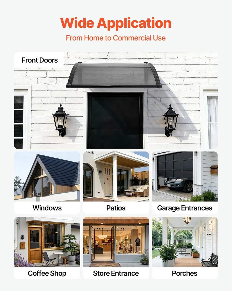 VEVOR Vordach für Haustür, 965x1017 mm, Pultbogenvordach, Überdachung mit Entwässerung & ABS-Halterung, Regen-, Schnee- & Sonnenschutz, Polycarbonat-Türdach für Veranda & Terrasse, Rauchgrau