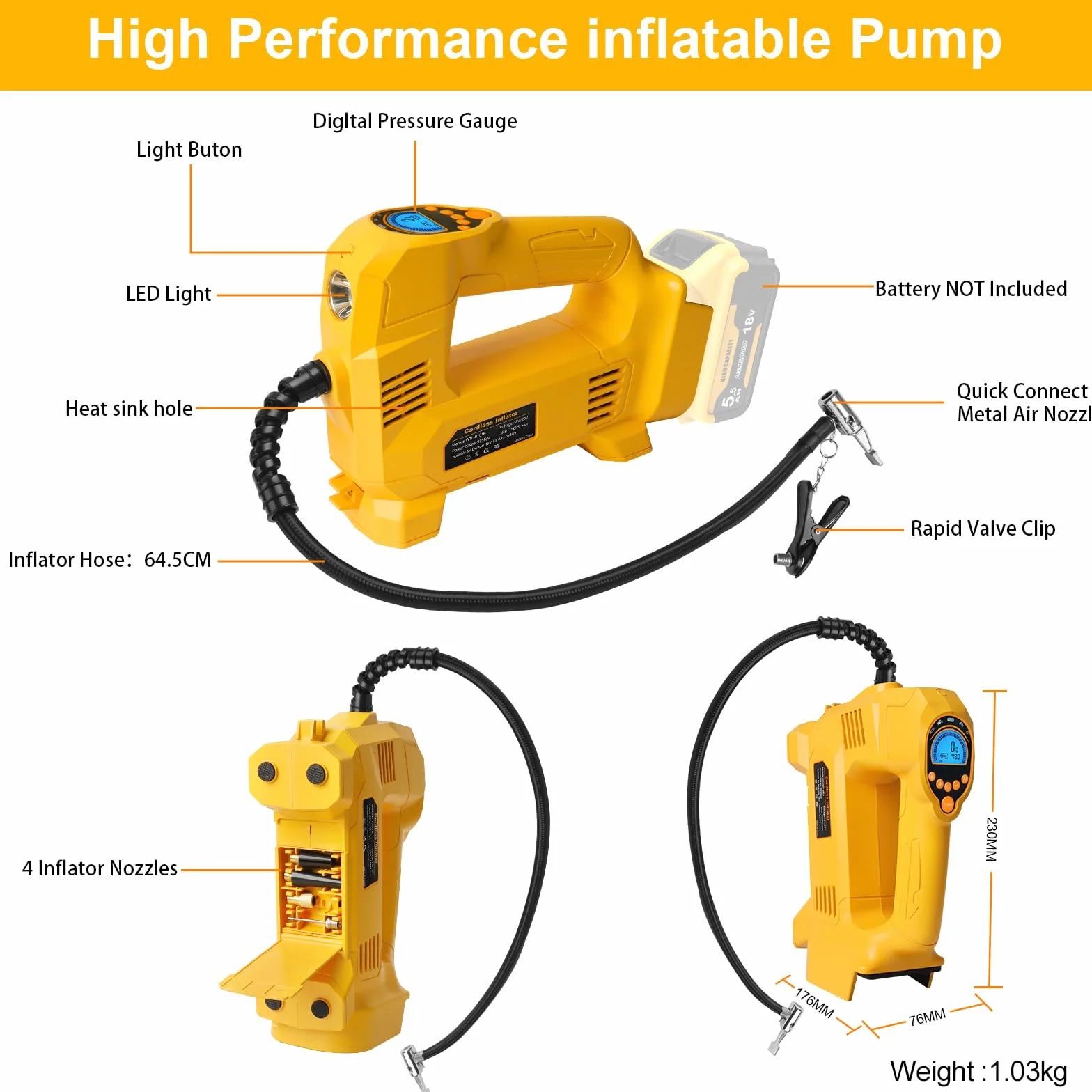 QUPERR Akku Kompressor kompatibel mit Dewalt 18V Akku, Elektrischer Luftkompressor bis 10,34 bar mit LED-Licht & Autostopp, Tragbare Luftpumpe für Auto, Motorrad, Fahrrad, Bälle (ohne Akku)