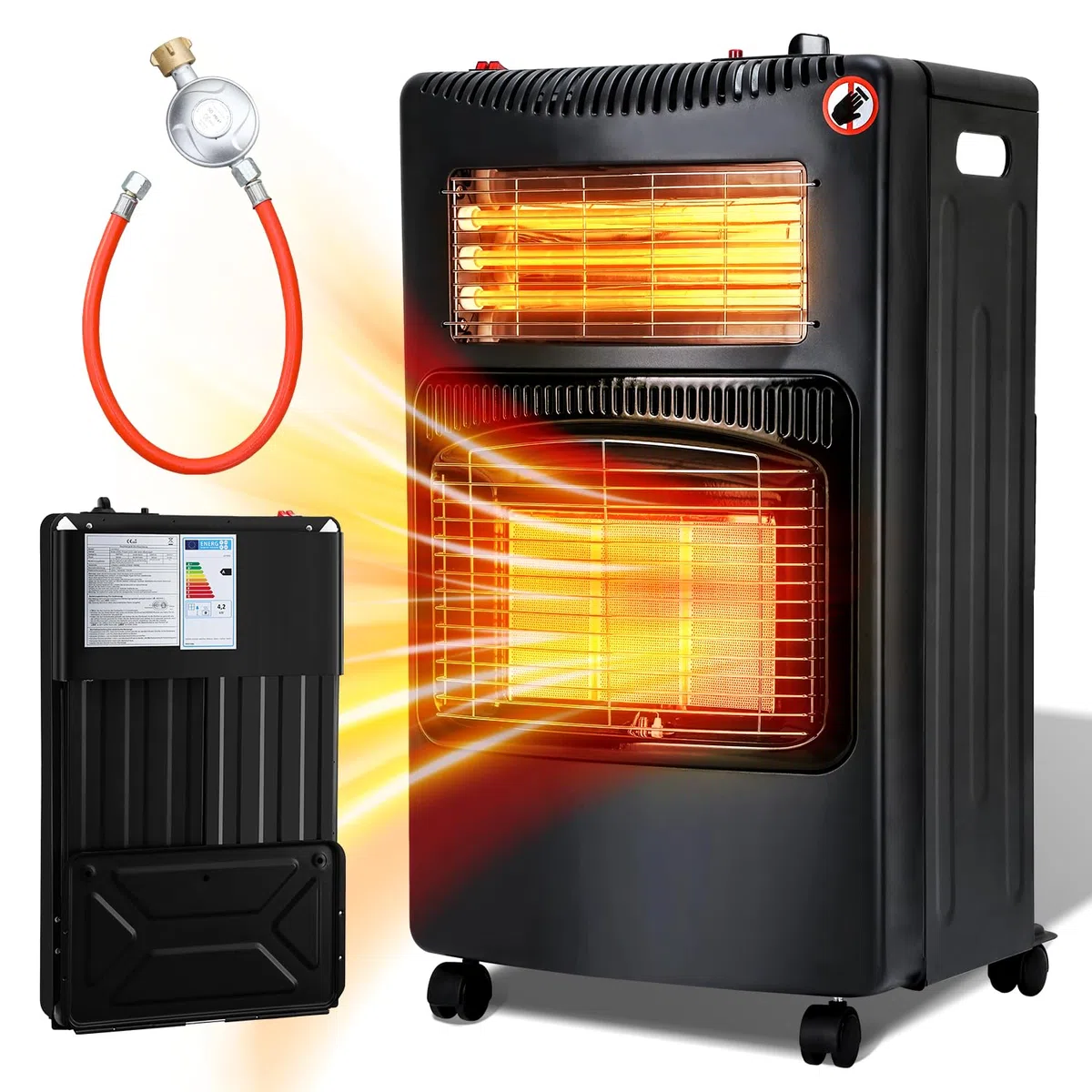Gasheizer 4200W, Elektroheizung 1260W, Gas Heizstrahler inkl. Gasdruckregler, Gasschlauch, Gasheizofen, Infrarot Keramikbrenner, Butan- oder Propangasflaschen bis 15kg