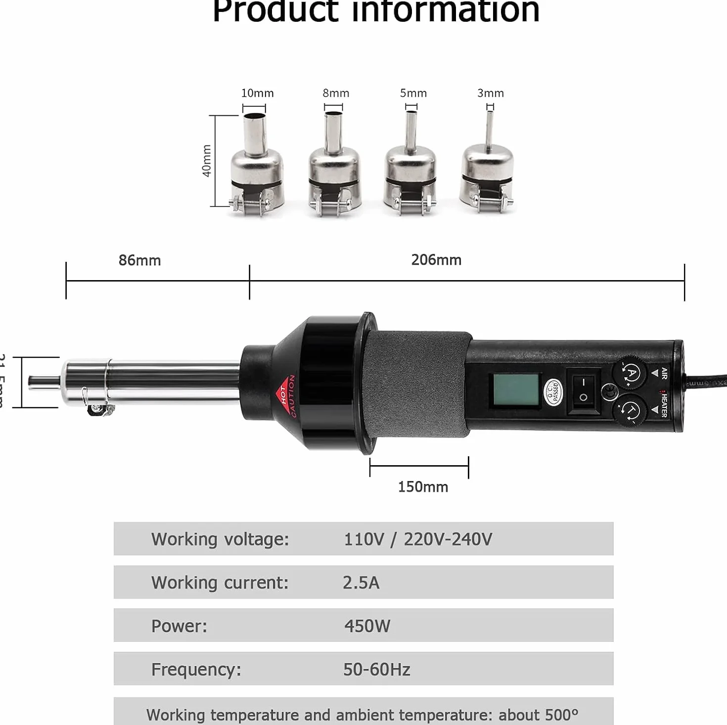 DEWIN Heißluftgebläse, Heißluftschweißgerät 220V 450W LCD Einstellbare Elektronische Wärme Heißluftpistole Entlöten Lötstation IC SMD BGA